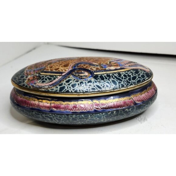 Vintage Decorative Oval Porcelain Box With Hand-Painted Macau Bird Design Gold D - Picture 5 of 14